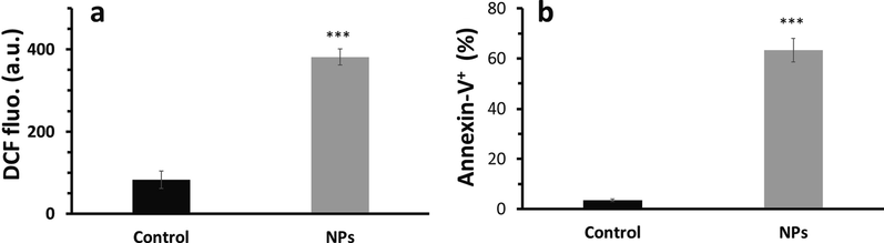 ROS and apoptosis assays in HCT116 colorectal cancer after exposure to synthesized Bi2O3 NPs (IC50 concentration, 50 μg mL−1) using Ginger (Zingiber officinale) root (rhizome) extract for 24 h determined by flow cytometry. (a) ROS assay for determination of ROS in Bi2O3 NPs -treated HCT116 colorectal cancer cells as determined by DCFH2/DCF probe, (b) apoptosis assay in Bi2O3 NPs -treated HCT116 colorectal cancer cells as determined by Annexin-V FITC probe. ***P < 0.001, relative to control samples.