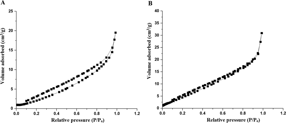 The BET nitrogen adsorption‐desorption isotherms of the OL (A) and OS (B) samples.