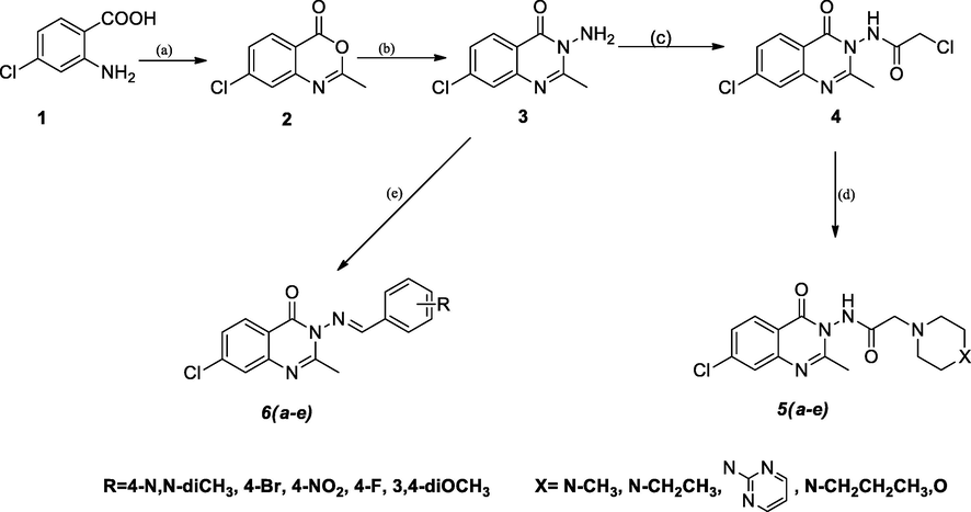 synthesis of N-(7-chloro-2-methyl-4-oxoquinazolin-3(4H)-yl)-2-aminoacetamides (5a-e) and (E)-7-chloro-3-((arylidine)amino)-2-methylquinazolin-4(3H)-ones (6a-e). (a)acetic anhydride, reflux, 1 h; (b) hydrazine hydrate, ethanol, reflux, 3 h; (c)chloroacetyl chloride, dry toluene, reflux, (d) K2CO3, toluene, reflux; (e) ethanol, glacial acetic acid, reflux.