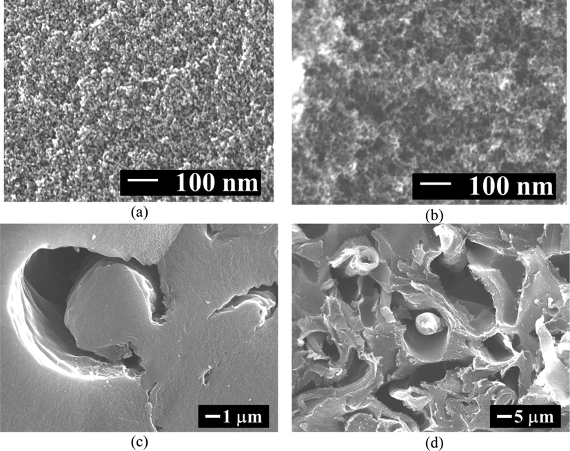 Carbon structure of C/C composites: (a) matrix of A0, (b) matrix of C0, (c) C/C structure of A1 and (d) C/C structure of C1. Reproduced and edited from SEM images with permission Elsevier (Kraiwattanawong et al., 2012).