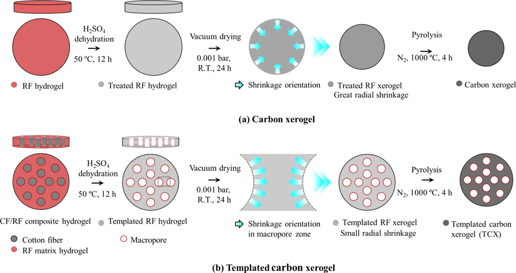 Schematic diagram of TCX preparation: (a) carbon xerogel without CF utilization and (b) templated carbon xerogel with CF utilization. Reproduced and edited with permission Elsevier (Kraiwattanawong, 2020).