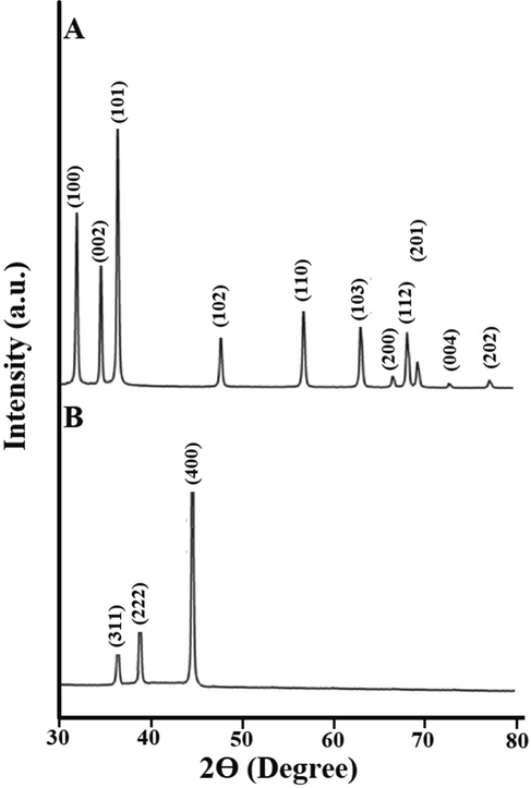 The XRD patterns of the ZnO (A) and Co3O4 (B) samples.