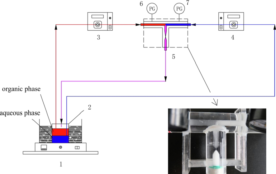 Schematic diagram of the experimental setup: (1) constant-temperature water bath, (2) beaker, (3) gear pump for organic phase, (4) gear pump for aqueous phase, (5) impact-jet HC extractor, (6) and (7) pressure gauges.