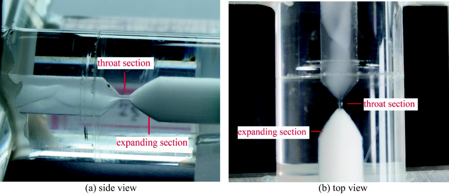 Images of two-phase fluids mixing from the T-shaped junction to the end of venturi expanding section (the images taken under the operation condition: Pin = 0.2 MPa, A/O = 1:1).