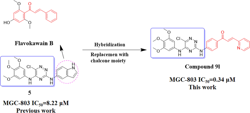 Design of 1,2,4-triazine-chalcone derivative 9l in this work and the structures of Flavokawain B (Hseu et al., 2012) and compound 5 (Song et al., 2020).
