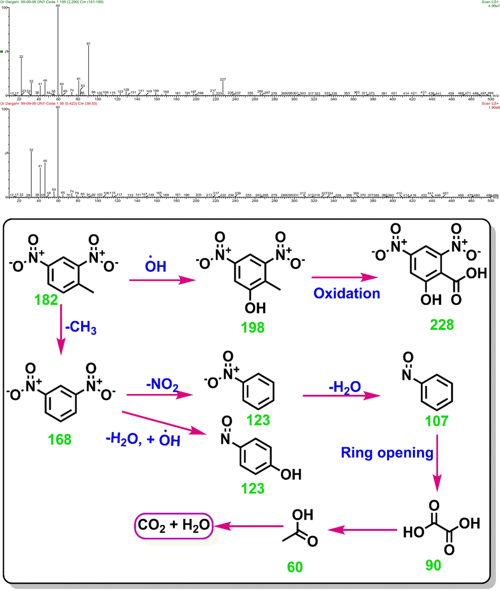 LC/MS chromatographs and proposed pathway for degradation of 2,4-DNT by 3DER at the optimum condition.