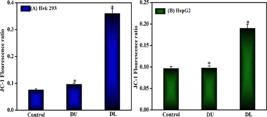 Mitochondrial depolarization effect of MWCNT-PEG-AA-HBPLL-FA (DU) and DOX/MWCNT-PEG-AA-HBPLL-FA (DL) carrier treated with IC50 concentrations.