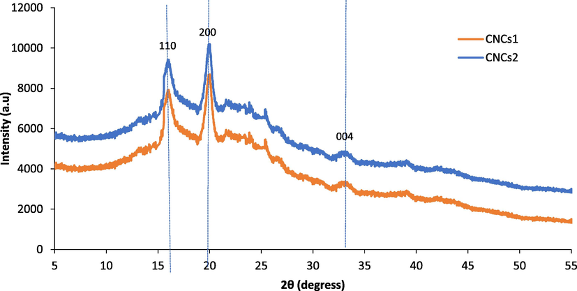 XRD patterns of CNCs1 and CNCs2.