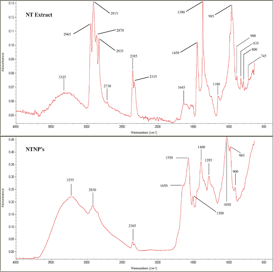 FTIR spectra of N. tazetta extract and nanoparticles.