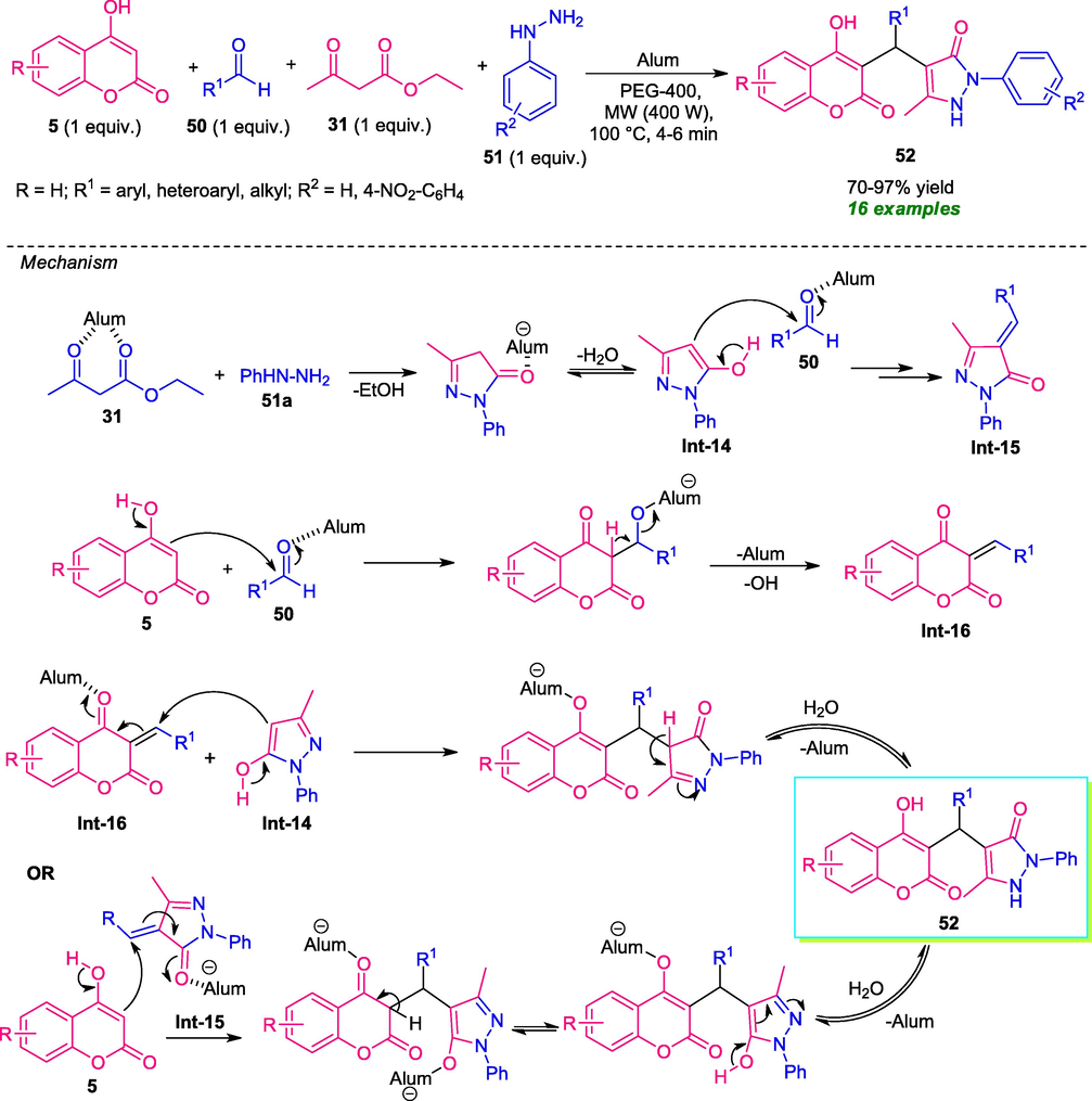 One-pot multicomponent reaction under microwave irradiation toward the synthesis of coumarin-pyrazolone hybrid.
