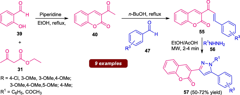 Microwave-assisted synthesis of coumarin-pyrazole hybrid 57.