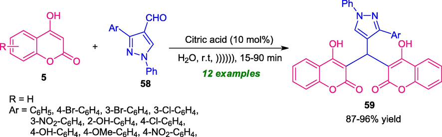 Ultrasound-irradiated synthesis of coumarin-pyrazole derivatives 59 in water.