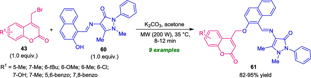Synthesis of coumarin-pyrazole derivatives 61 under the influence of MW.