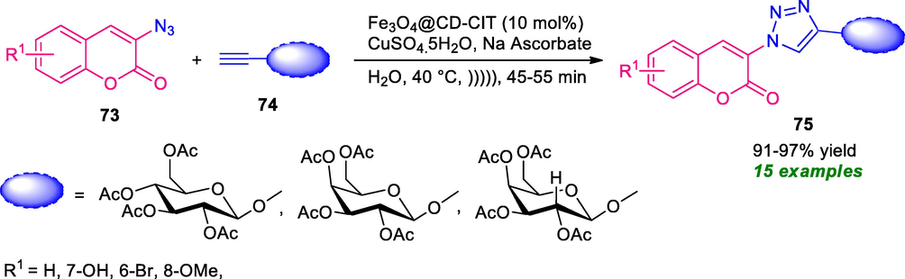 Nano PTC catalyzed synthesis of coumarin-triazoles in water under ultrasound irradiation.