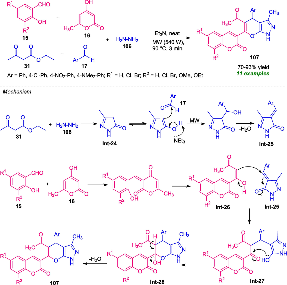 One-pot multicomponent synthesis of coumarin-pyrano[2,3-c]pyrazoles.