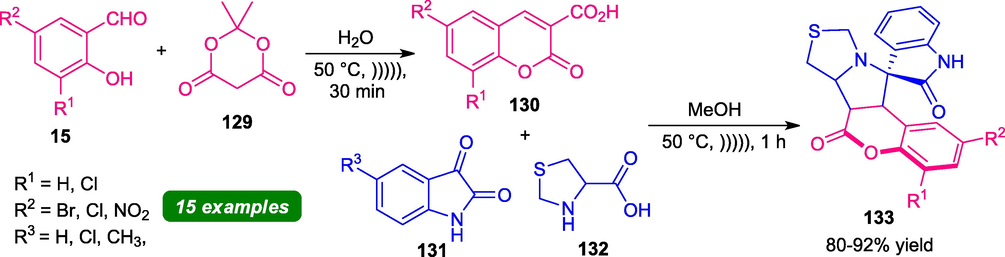 Multicomponent synthesis of coumarin-fused thiazole under ultrasonication.