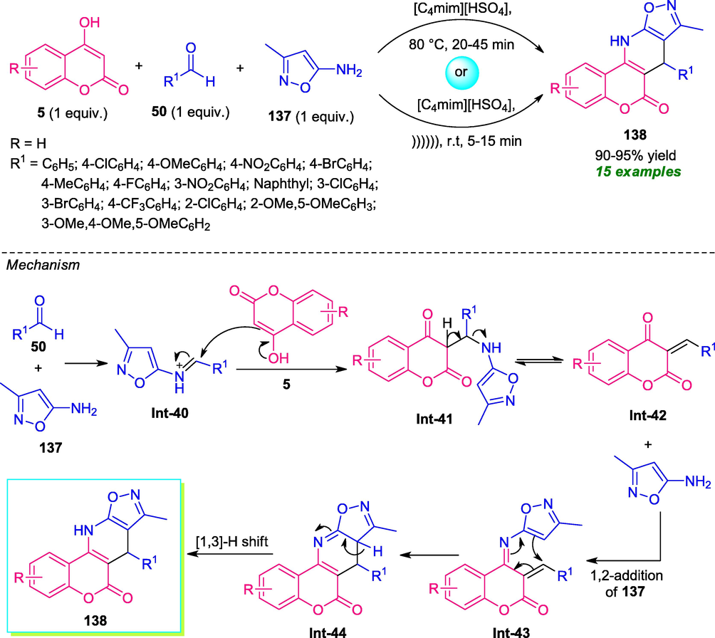 Multicomponent synthesis of coumarin-fused pyridines 138 under ultrasound irradiation.