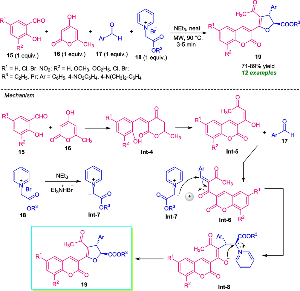 One-pot multi-component approach to C-3 functionalized dihydrofuran substituted coumarin derivatives under microwave irradiation.