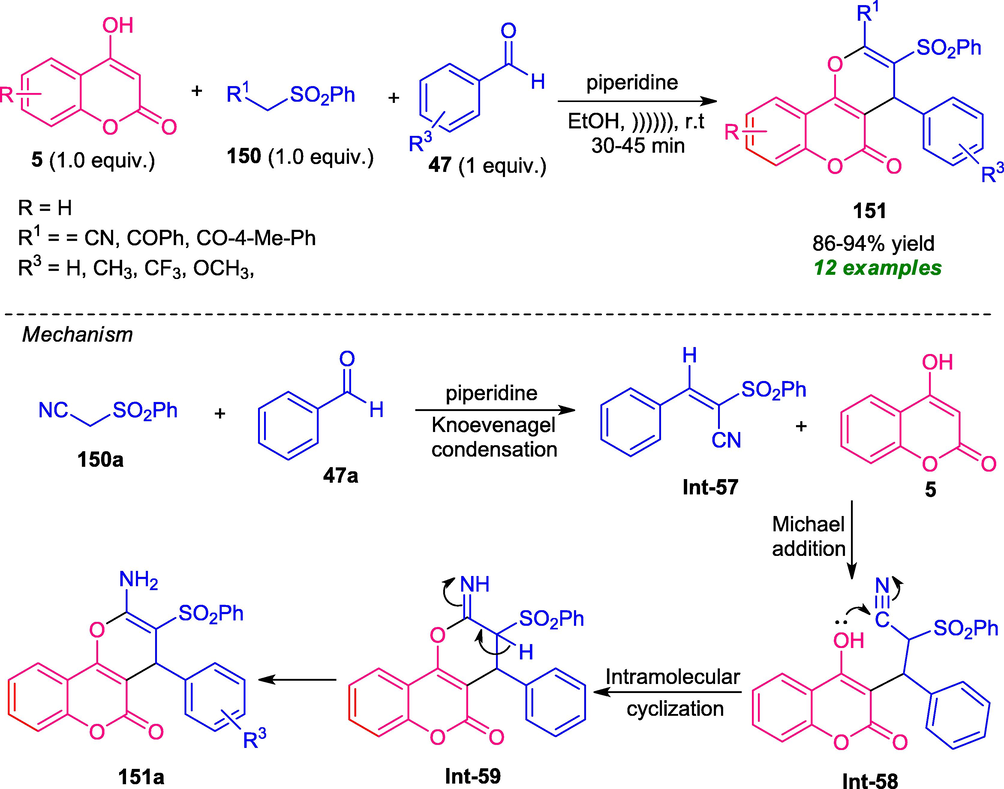 Ultrasound-assisted one-pot three-component synthesis of diverse pyrano[3,2-c]coumarin hybrid.