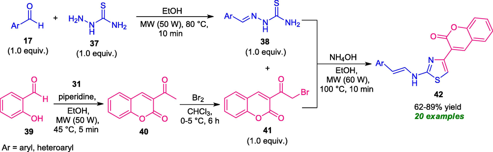 Microwave-assisted construction of coumarin-thiazole derivatives 42.