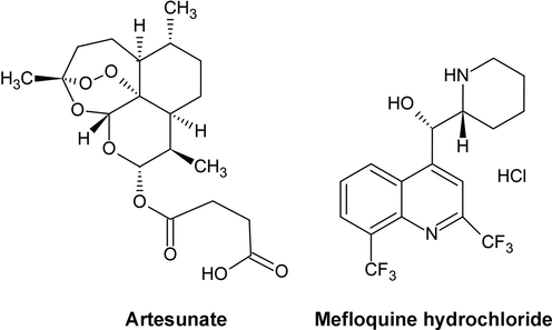 Chemical structure of Artesunate and Mefloquine hydrochloride.