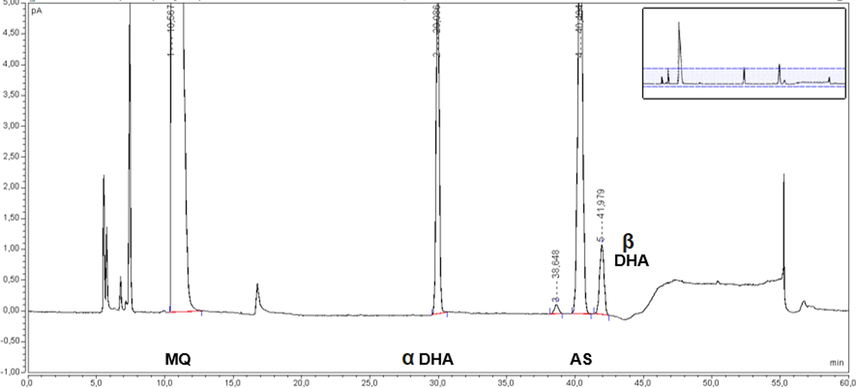 Chromatogram of oxidative degradation (6% H2O2/70 °C/90 min) ASMQ sample. Legend: AS Artesunate, MQ: Mefloquine hydrochloride, DHA Dihydroartemisinin.