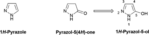 The structure of pyrazole, pyrazol-5(4H)-one and pyrazol-5-ol.