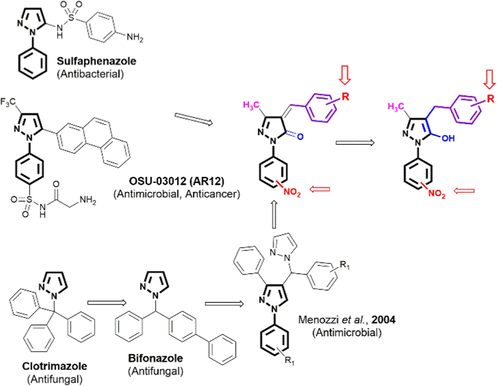 Rational study design, illustrating the structure of the newly designed pyrazol-5(4H)-one and 1H-pyrazol-5-ol derivatives with representative examples for antimicrobial drugs.