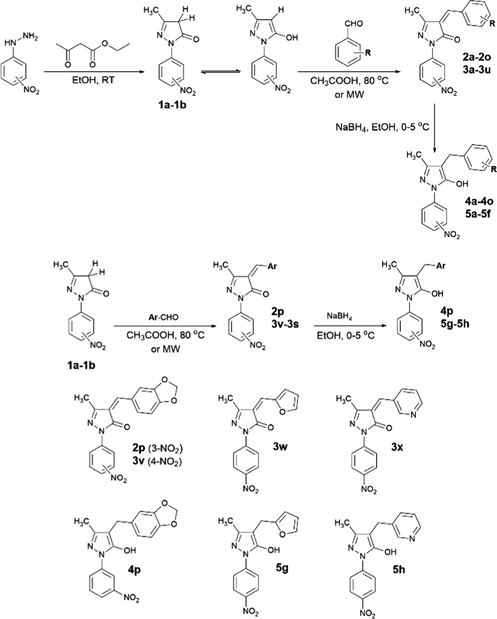 Construction of 1,4-disubstituted 3-methylpyrazol-5(4H)-one and 3-methyl-1H-pyrazol-5-ol derivatives (MW: microwave irradiation).
