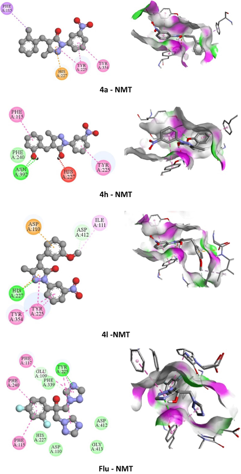 2D and 3D representation of the interaction of the synthesized molecules 4a, 4 h, and 4 l and standard fluconazole (Flu) with N-myristoyl transferase (C. albicans).