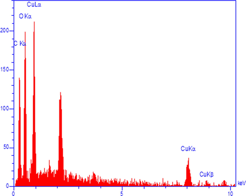 EDX spectrum of the CuO NPs@Starch nanocomposite.