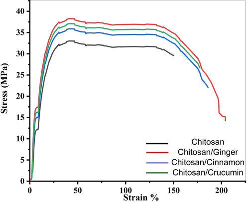 Stress–strain curve of Chitosan, Chitosan/Ginger, Chitosan/Curcumin and Chitosan/Cinnamon.