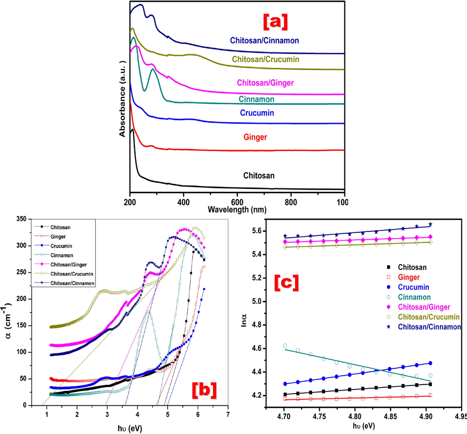 (a) UV–Vis absorption spectra, (b) Relation between α and hʋ, and (c) Relation between lnα and hʋ of Chitosan, Ginger, Curcumin, Cinnamon, Chitosan/Ginger, Chitosan/Curcumin and Chitosan/Cinnamon.