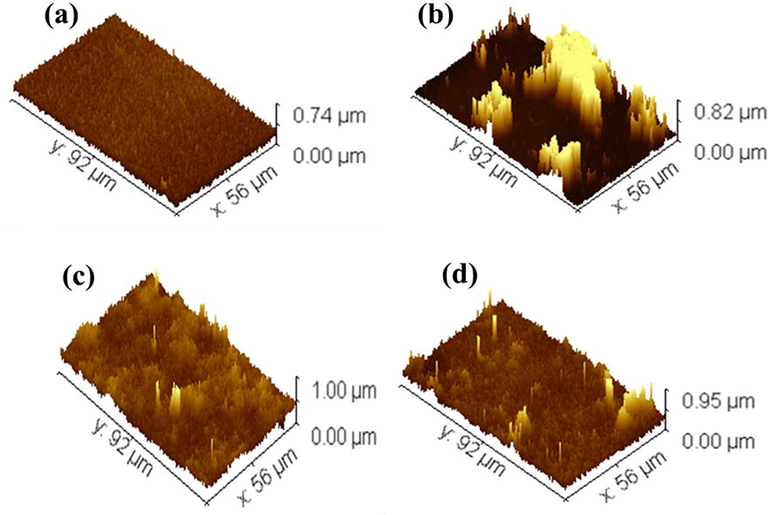 3D images of (a) Chitosan, (b) Chitosan/Ginger, (c) Chitosan/Curcumin and (d) Chitosan/Cinnamon.