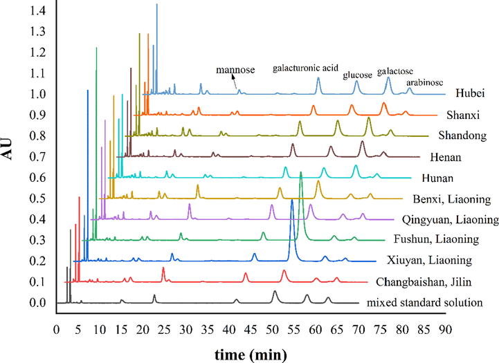 HPLC-PDA chromatograms of PMP derivatization of mixed standard solution and polysaccharide hydrolysate of SCF and SSF.