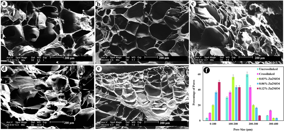 Cross-section morphology of freeze dried hydrogels (a) uncrosslinked, (b) crosslinked, (c) containing 0.03 wt% Zn2SiO4, (d) 0.06 wt% Zn2SiO4, (e) 0.12 wt% Zn2SiO4, and (f) pore size distribution diagram of the hydrogels (p < 0.01).