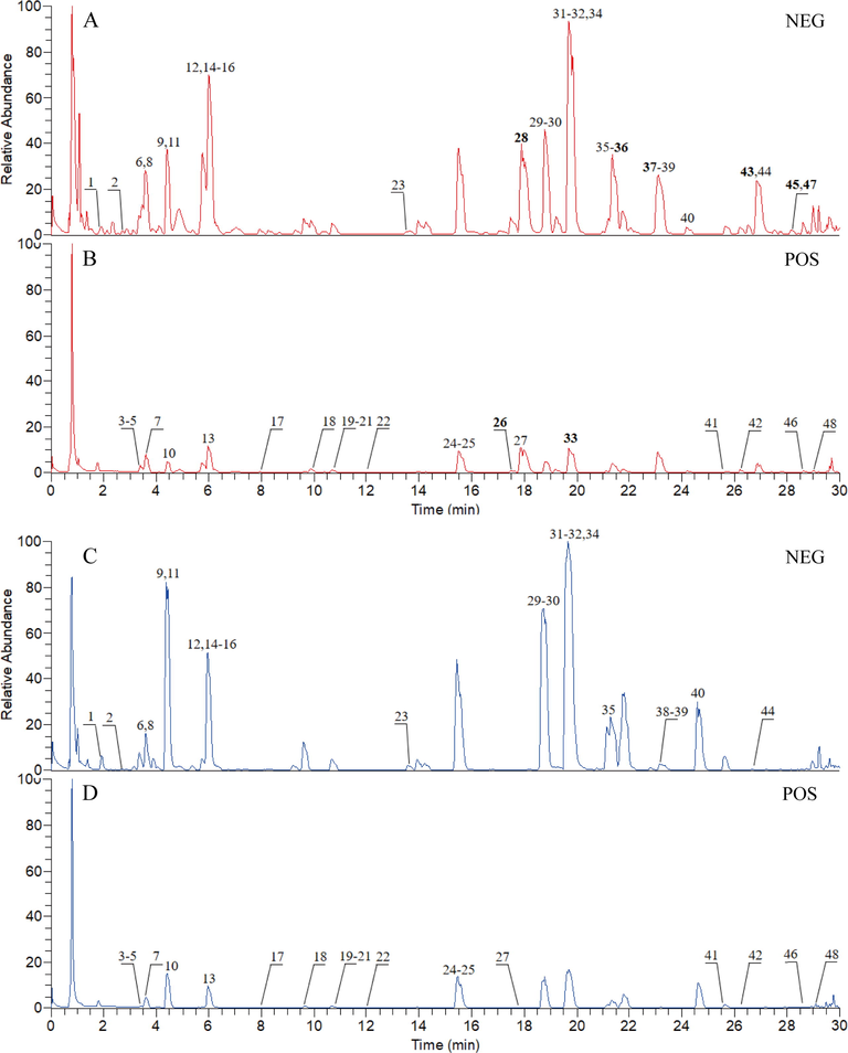 The UPLC-HRMS profiles of sample solutions of aerial part and root for Lamiophlomis rotata, under positive and negative ionization modes. The sample in aerial part under negative ion mode (A); the sample in aerial part under positive ion mode (B); the sample in root under negative ion mode (C); the sample in root under positive ion mode (D).