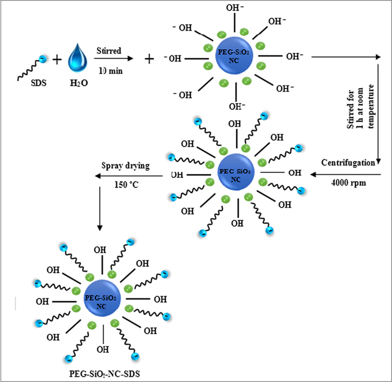 Surface modification of PEG-SiO2 NC by SDS.