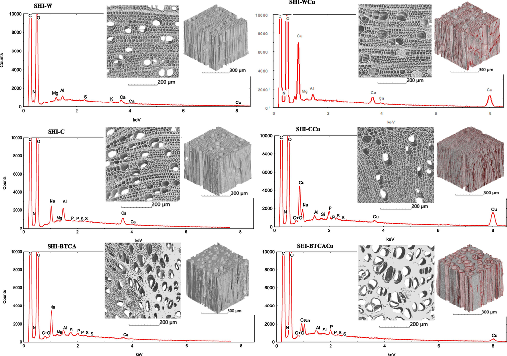 Elemental analysis using energy-disperse X-ray spectra and X-ray computed nanotomography (images in 3D) of hemp shives samples before (left) and after (right) adsorption of copper (the high intensity voxels corresponding to Cu elements are in red colour in the density-based segmentation of the X-ray images).