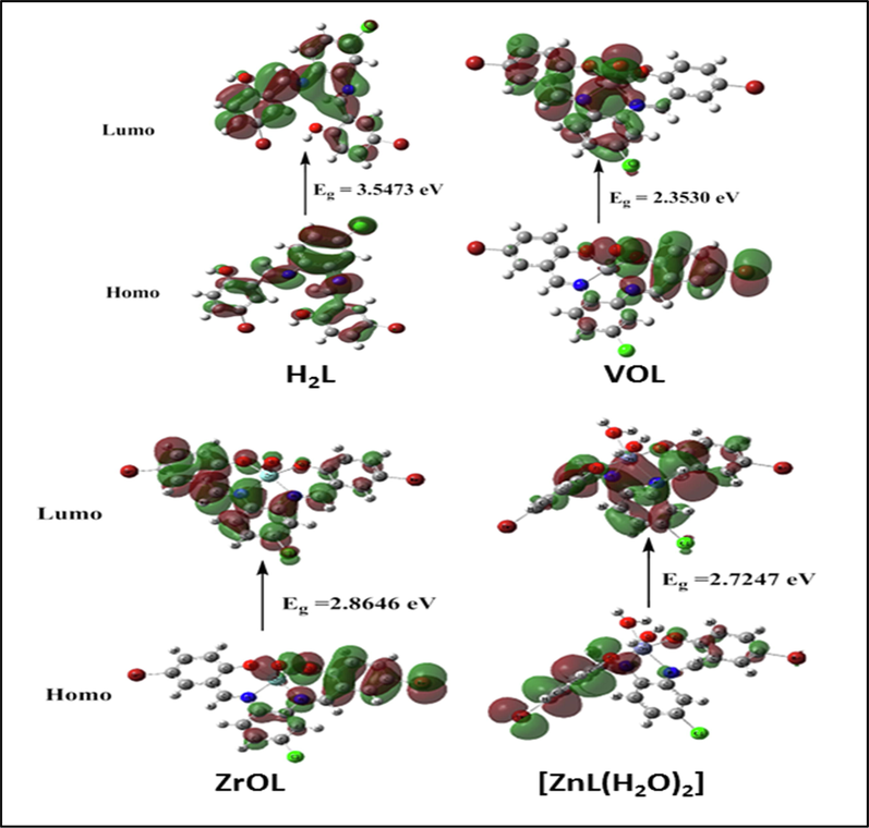 HOMO and LUMO charge density maps of H2L, VOL, ZrOL and ZnL(H2O)2.