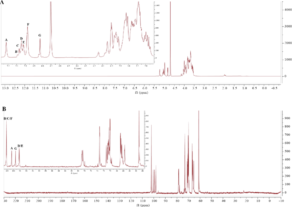 1H NMR spectrum (A) and 13C NMR spectrum (B) of PEP-1A.