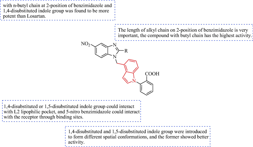 The SAR of 5-nitro benzimidazole with indole derivatives of the antihypertensive.