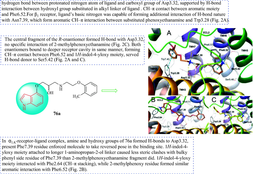 The predicted binding mode of S-enantiomer (eutomer) of 76a (orange), displayed together with reference carvedilol molecule (gray). (A) R-enantiomer (distomer, yellow); (B) in site of adrenergic β1-receptor. S-enantiomer of 76a docked in site of α1A-receptor;(C) Amino acid residues engaged in ligand binding are displayed as sticks, whereas crucial residues, e.g., forming H-bonds (dotted yellow lines) or π-π/CH-π stacking interactions (dotted cyan lines) are represented as thick sticks.