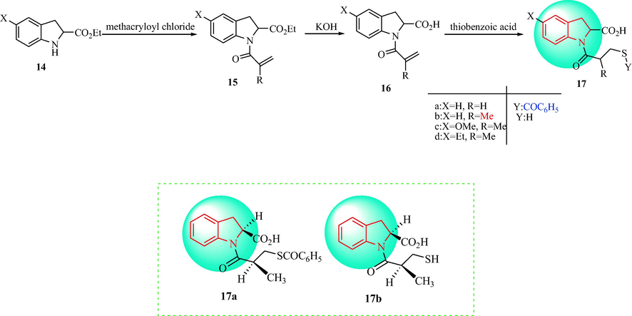 Synthesis of 1-(3-mercaptopropanoyl)indoline-2-carboxylic acids.
