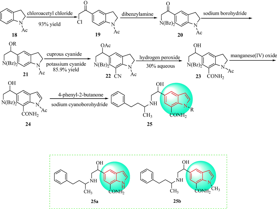 Synthetic route of 1H-indole-7-carboxamide 25a and 25b.
