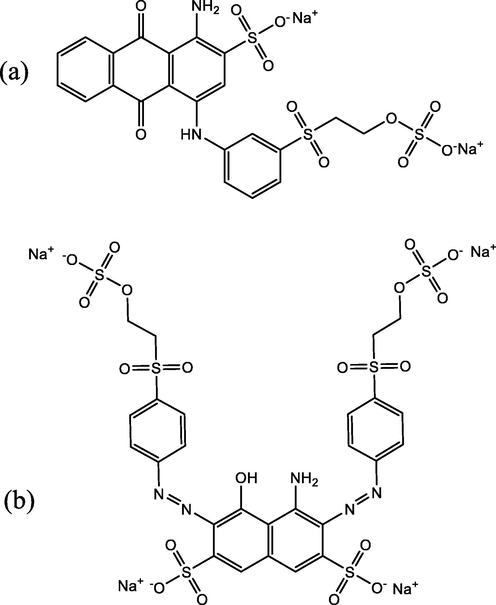 Chemical structures of: (a) Remazol Brilliant Blue R (RBBR) and (b) Reactive Black 5 (RB5) dyes.