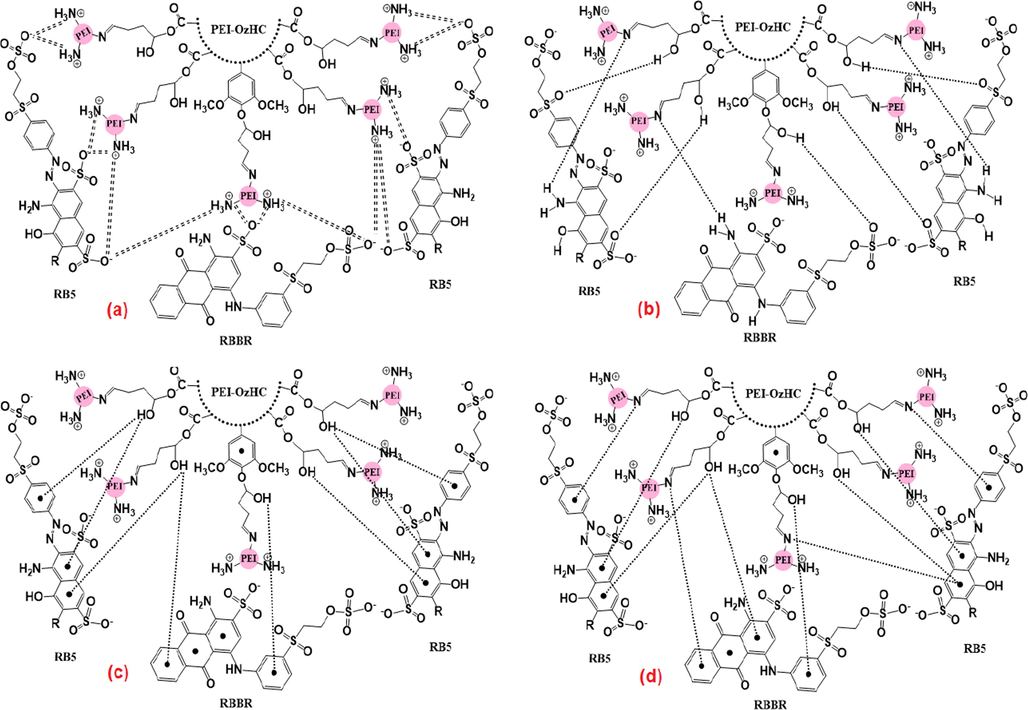 Illustration of the possible adsorption mechanism between PEI-OzHC and (RBBR, RB5) dyes: a) electrostatic attraction, b) hydrogen bonding, c) Yoshida H-bonding, and d) n–π interaction.