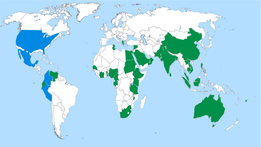 Map of worldwide distribution of Psidium guajava L., the blue colour shows the native regions like Colombia, Mexico, Peru and United States of America, whereas the green colour represents the introduced countries such as Australia, Bangladesh, Brunei, Cambodia, Cameroon, China, Costa Rica, Cote d'Ivoire, Cuba, Dominican Republic, Ecuador, Eritrea, Ethiopia, Fiji, Gabon, Gambia, Greece, Guyana, Haiti, India, Indonesia, Israel, Kenya, Laos, Malawi, Malaysia, Myanmar, Nigeria, Pakistan, Panama, Philippines, Puerto Rico, Samoa, Senegal, South Africa, Sri Lanka, Tanzania, Thailand, Togo, Uganda, Venezuela, Vietnam, Egypt, Oman, Saudi Arabia, Palestine, Sudan, Syria and Tunisia.