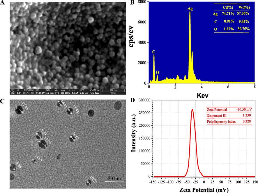 SEM image (100,000×) (A), EDX spectrum (B), TEM image (C) and Zeta potential value (C) of the purified AgNPs synthesized under the optimal synthesis parameters (pH value at 12.0 of the extract; 1.0 mM of AgNO3 concentration; 90 min of reaction time).