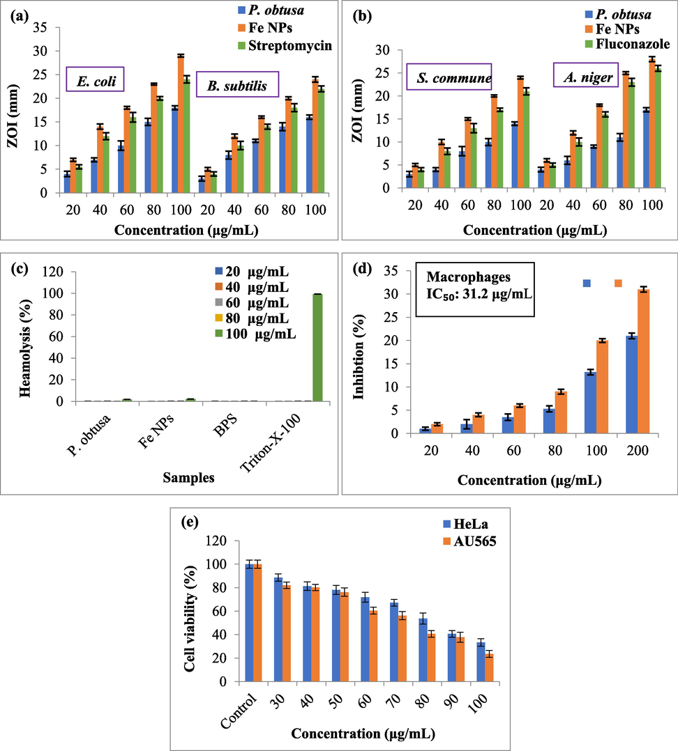 (a) Antibacterial, (b) antifungal, (c) hemolytic activity, (d) biocompatibility against macrophages, (e) in vitro cytotoxicity exhibited by green synthesized FeNPs at different concentrations.